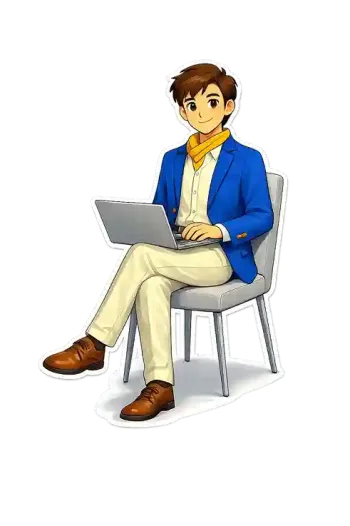 Infinite IT mascot sitting with a laptop