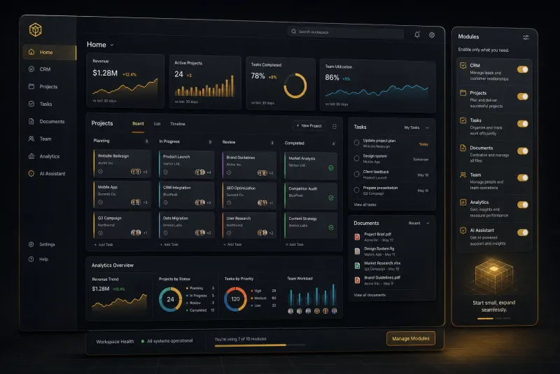 Infinite Workspace OS project dashboard with modules and analytics